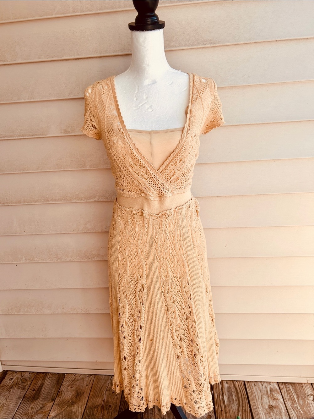 Moth Anthropologie Beige Crochet Knit Midi Dress